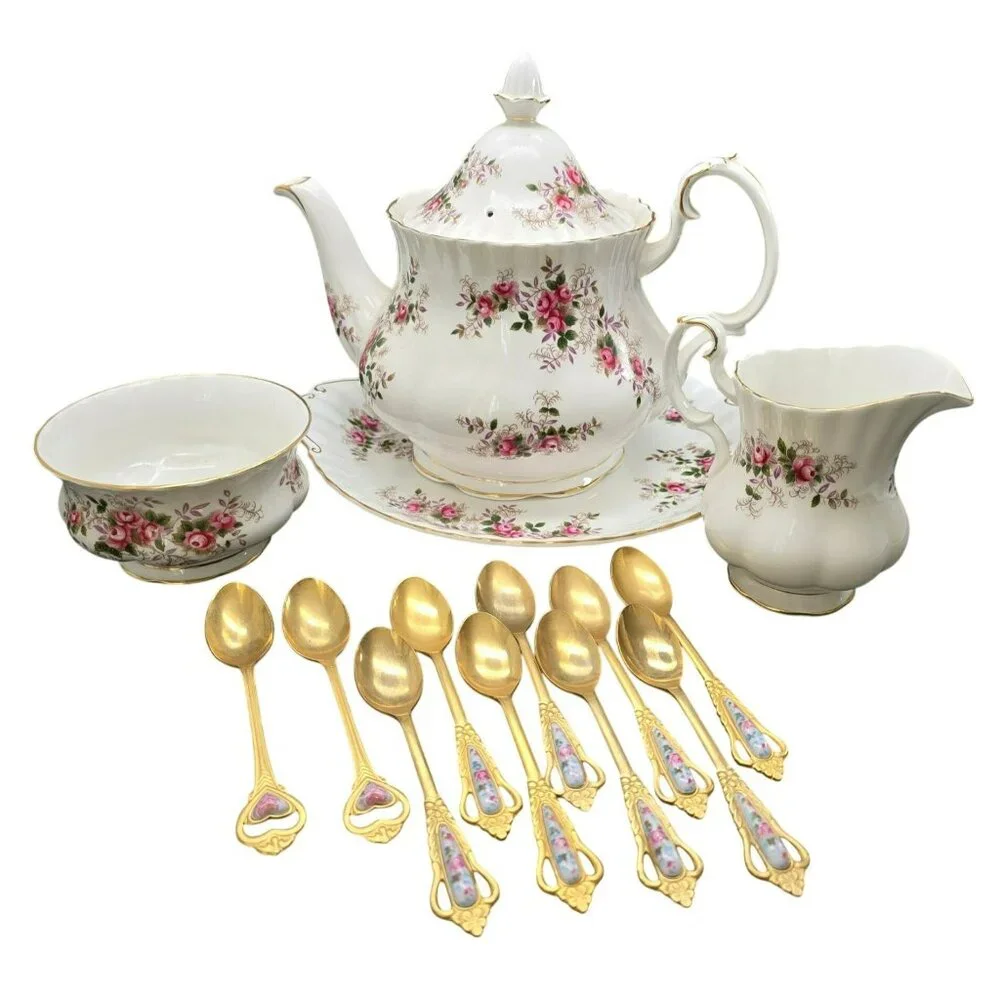 Vintage Royal Albert Tea Set Floral Lavender Rose Gold-Plated Spoons VL4021